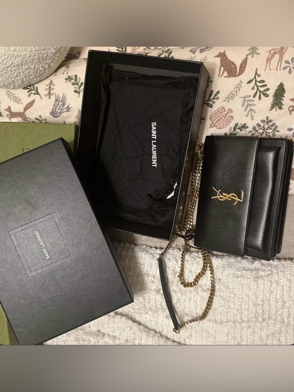Saint Laurent Black Leather YSL Chain Wallet with Gold Hardware
